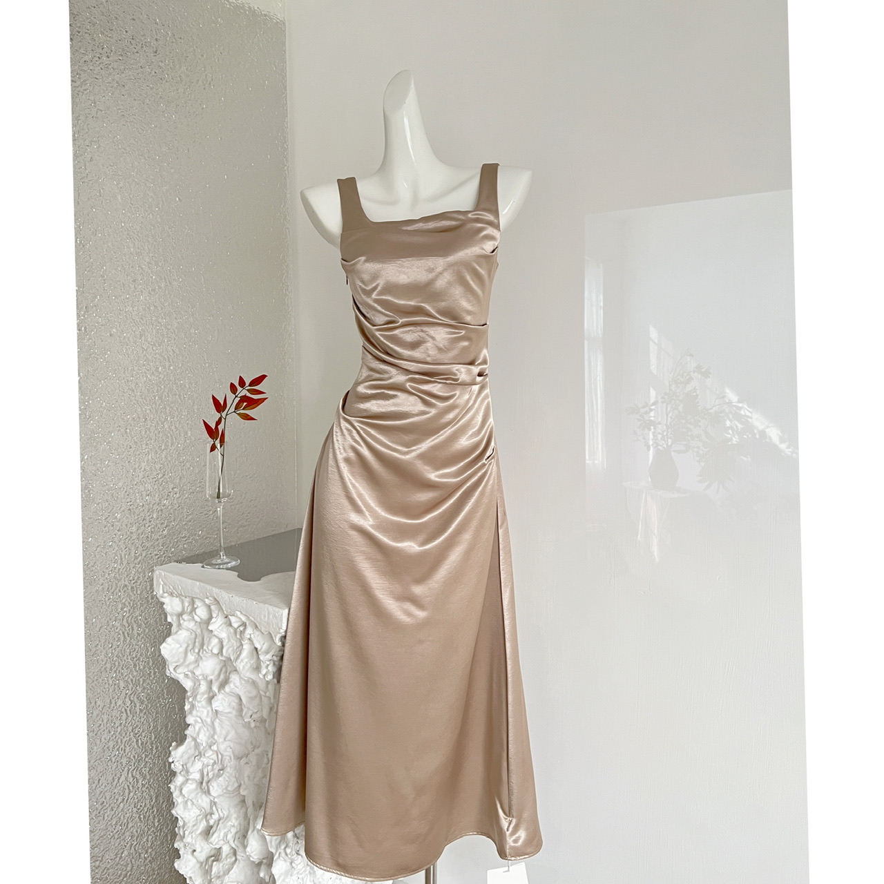 1774604705876_sBDpxq.jpeg From Moment French Satin Camisole Dress Women High Grade Pleated Design Waist Cinching Slimming Long Dress