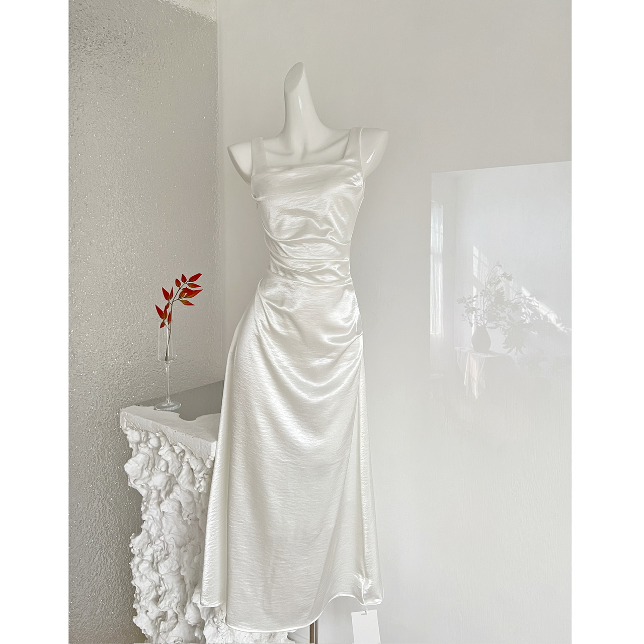 From Moment French Satin Camisole Dress Women High Grade Pleated Design Waist Cinching Slimming Long Dress