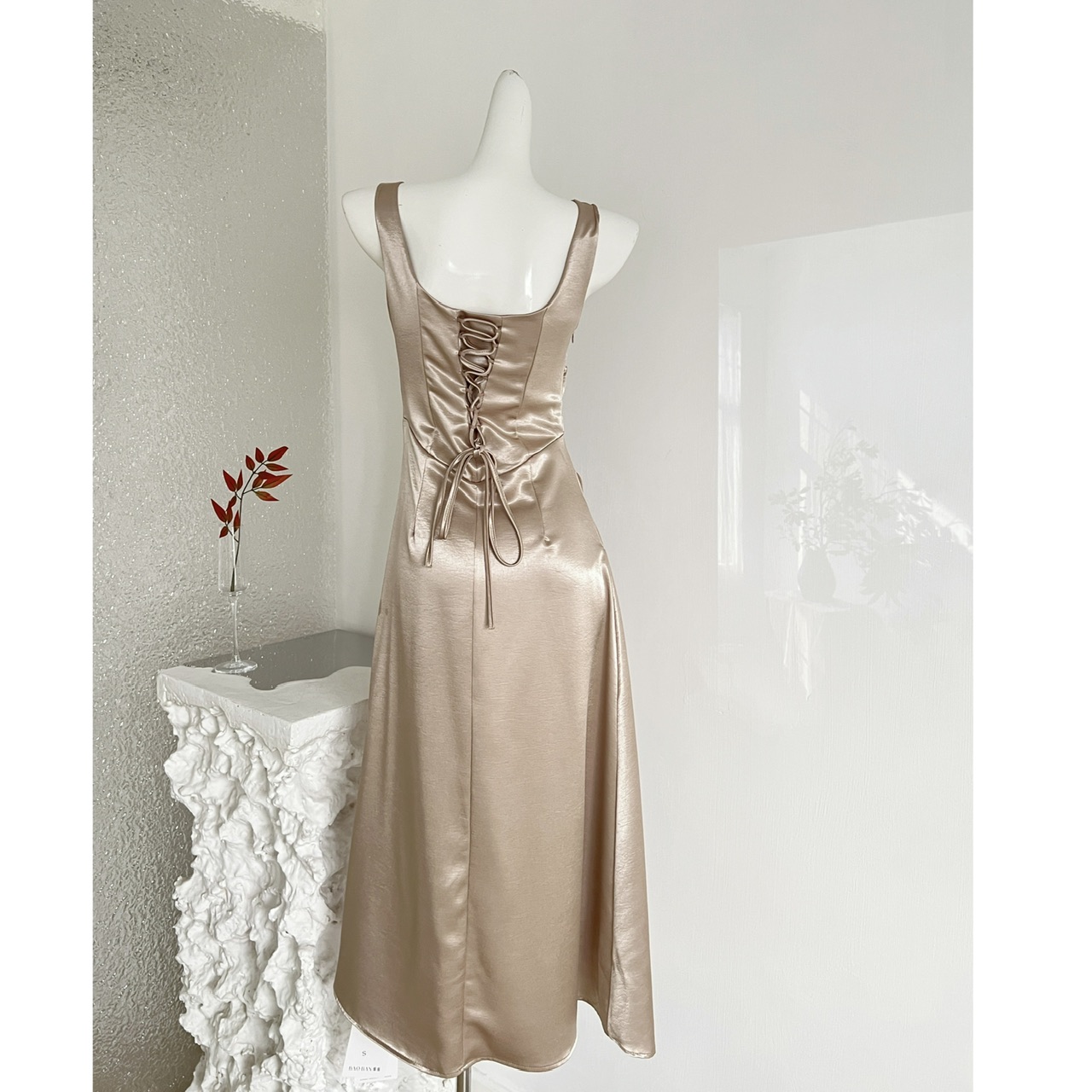 1774604705879_KzpfaM.jpeg From Moment French Satin Camisole Dress Women High Grade Pleated Design Waist Cinching Slimming Long Dress