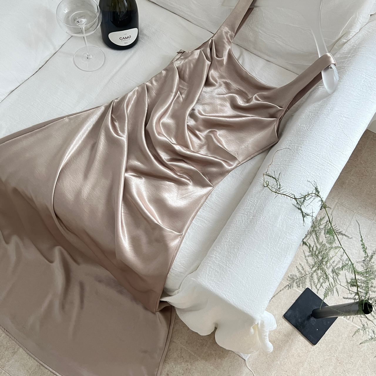 1774604705884_7H2RyL.jpeg From Moment French Satin Camisole Dress Women High Grade Pleated Design Waist Cinching Slimming Long Dress