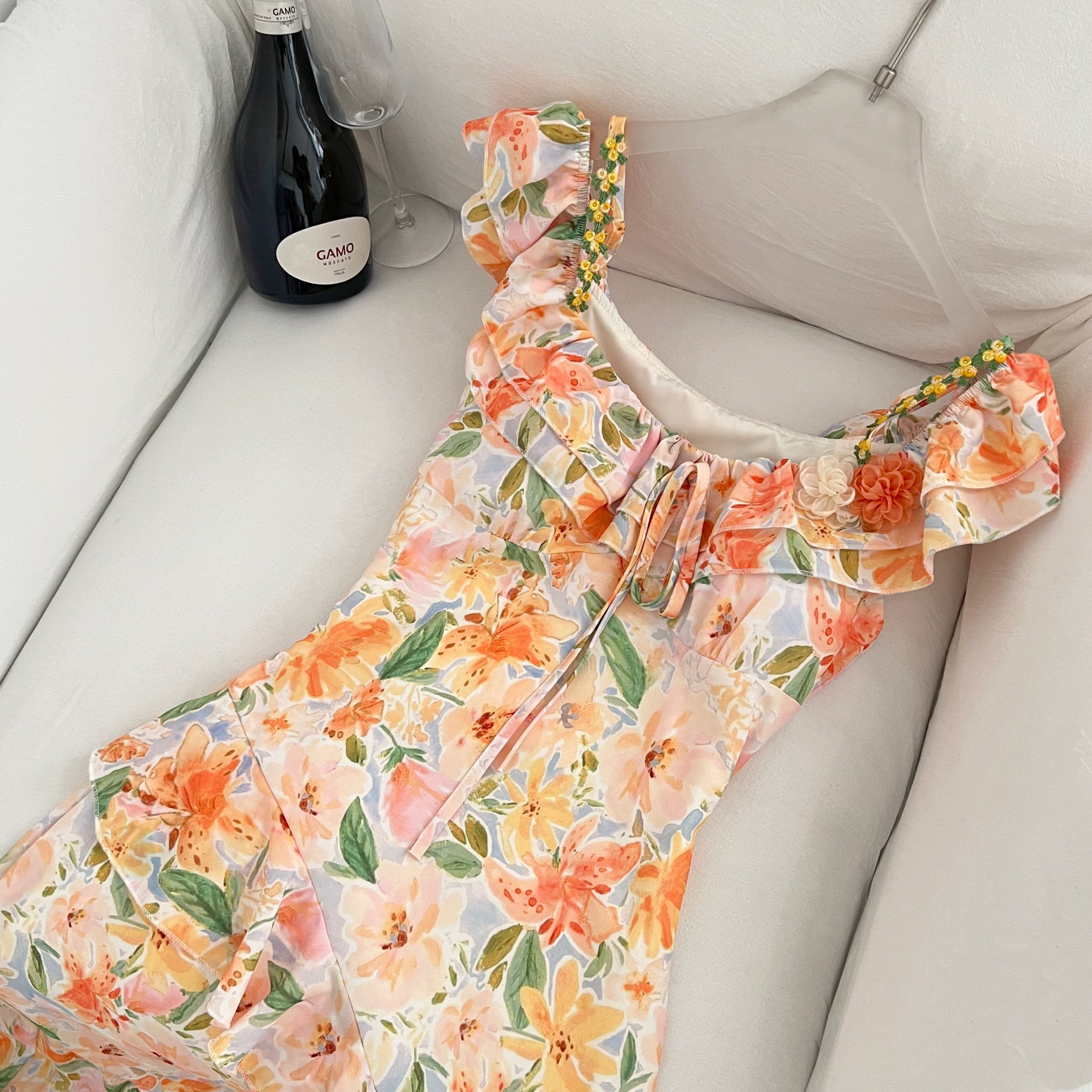1784431790335_Hn1jdz.jpg Blue Mist Butterfly Dance French Vintage Summer New Waist-Slimming Turn-Down Collar Floral Two-Way Wear Strappy Dress