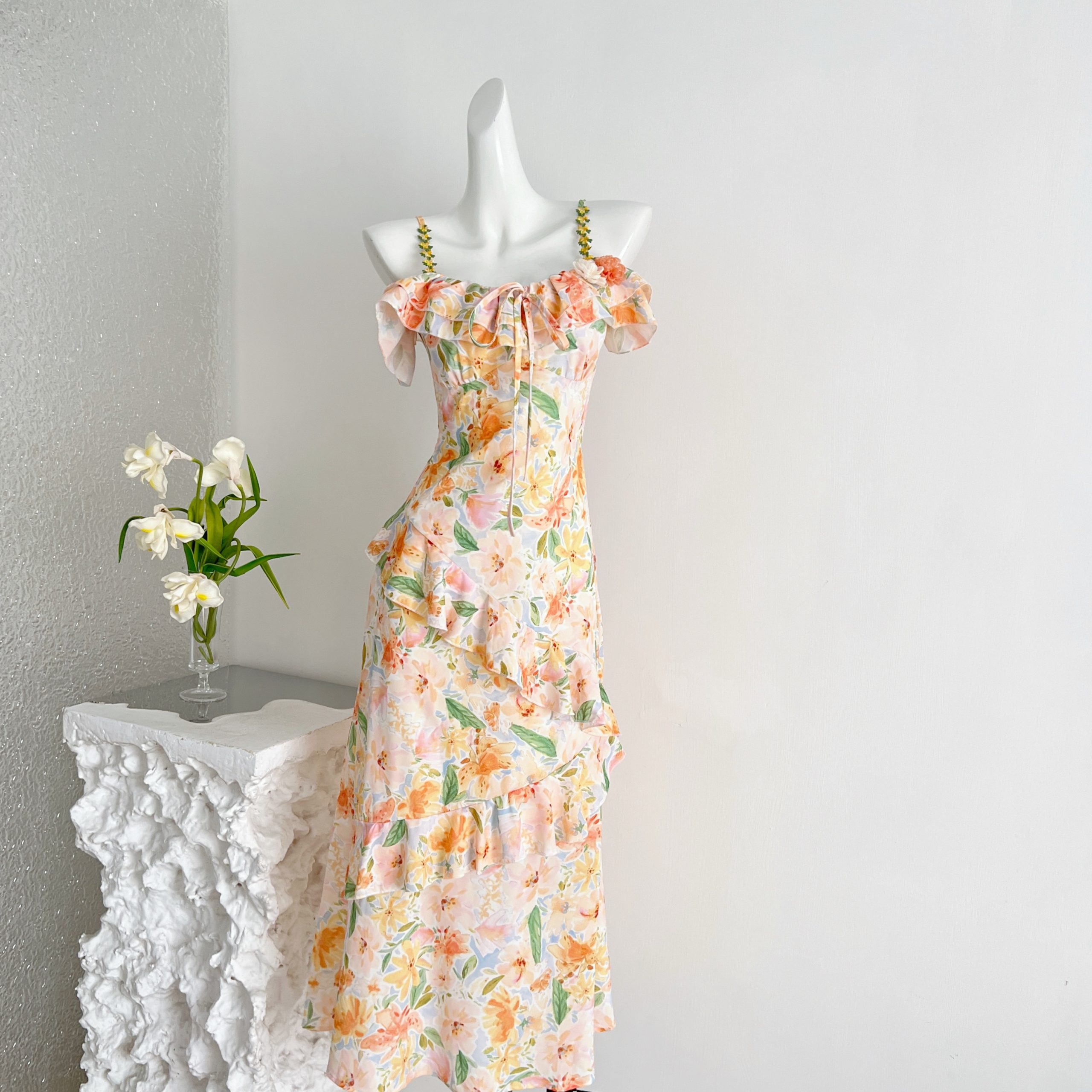 Blue Mist Butterfly Dance French Vintage Summer New Waist-Slimming Turn-Down Collar Floral Two-Way Wear Strappy Dress