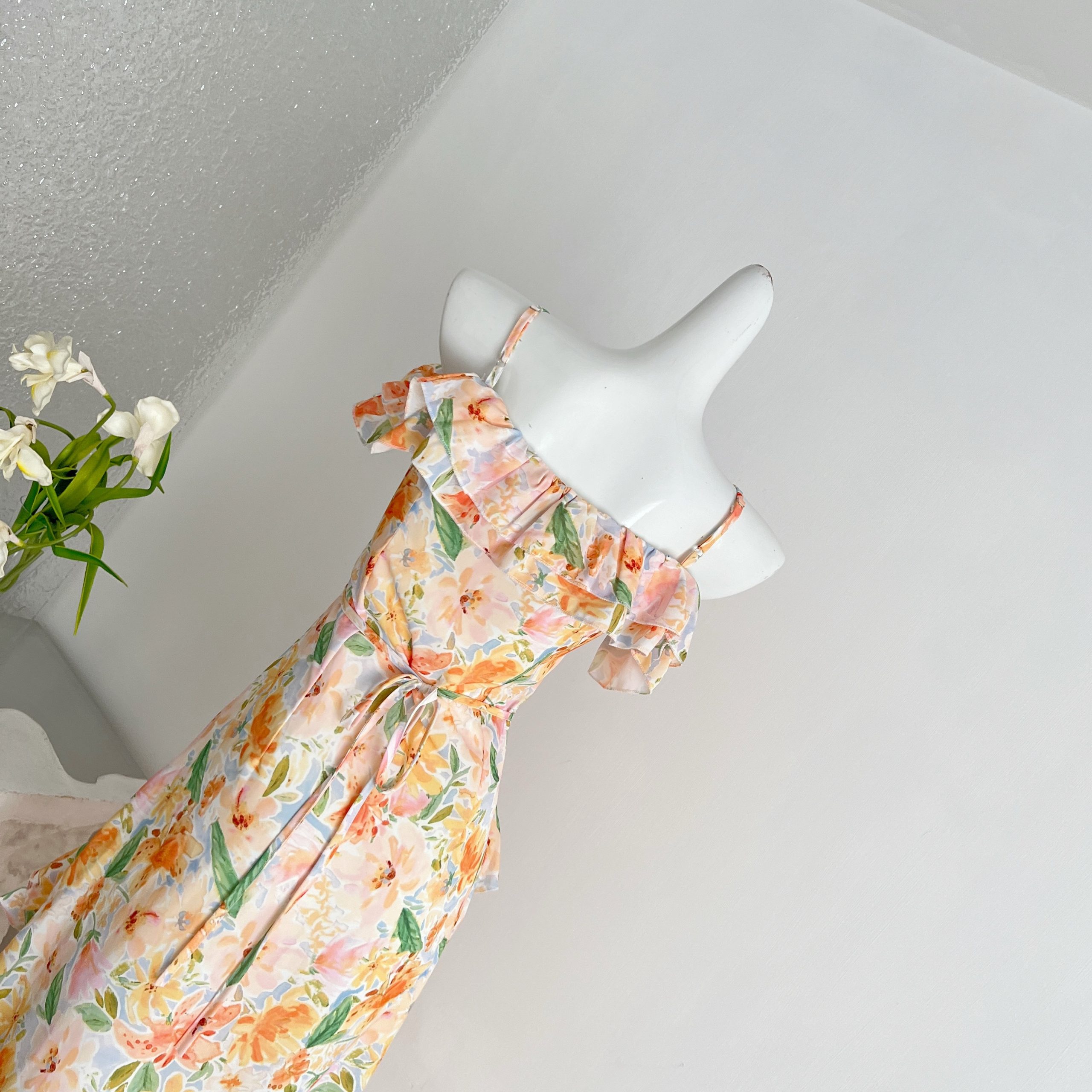1784431952868_lnAWjn.jpg Blue Mist Butterfly Dance French Vintage Summer New Waist-Slimming Turn-Down Collar Floral Two-Way Wear Strappy Dress
