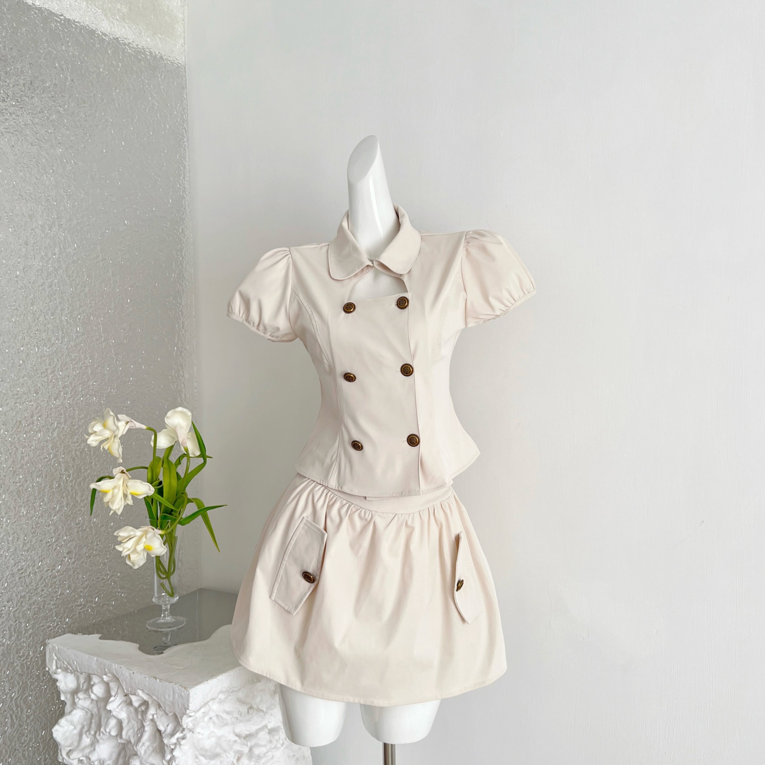 Vintage Academy Style Two-Piece Set Doll Collar Hollow Bubble Sleeve Double-Breasted Short Sleeve Shirt Versatile Puffy Short Skirt