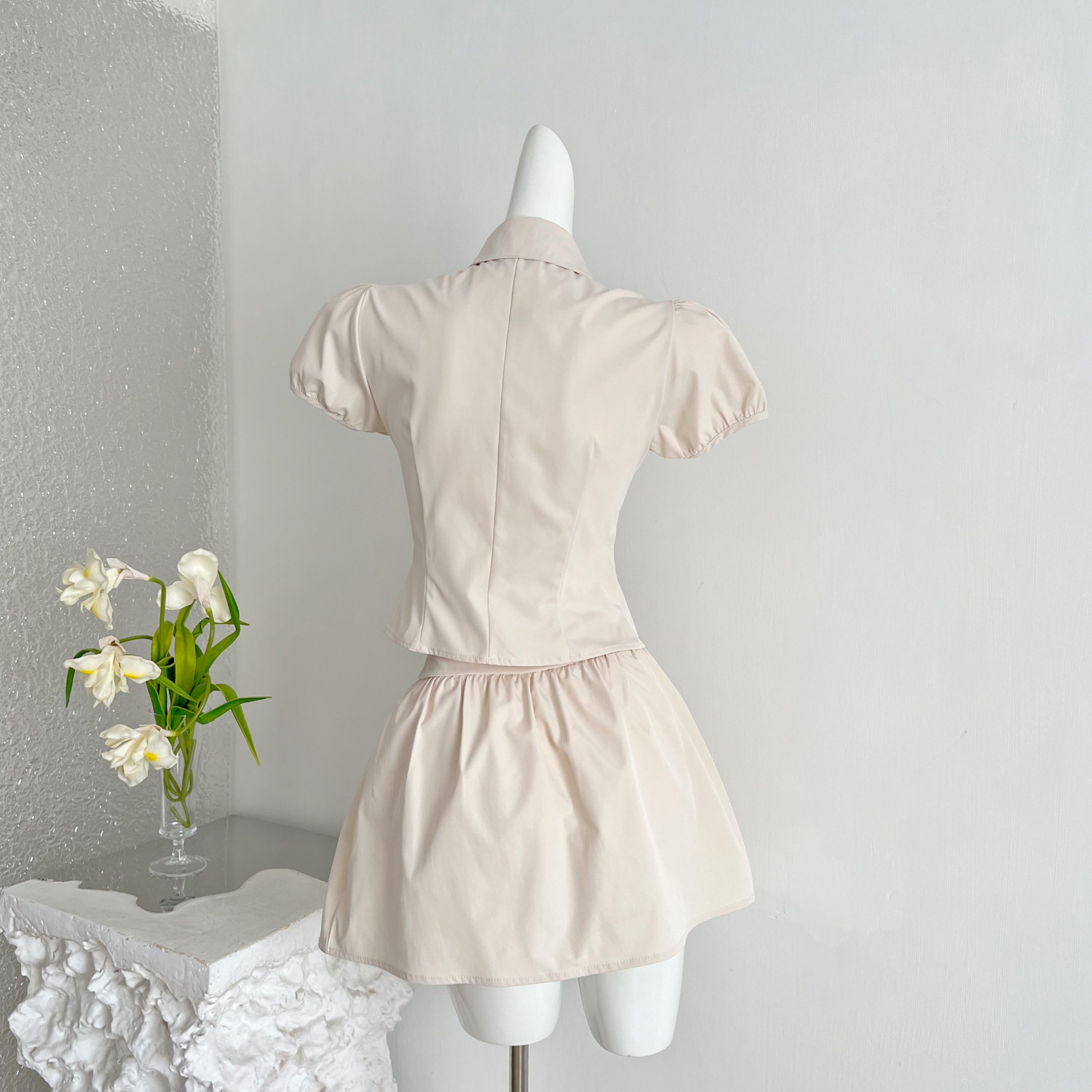 1784432560590_1PjWRc.jpg Vintage Academy Style Two-Piece Set Doll Collar Hollow Bubble Sleeve Double-Breasted Short Sleeve Shirt Versatile Puffy Short Skirt
