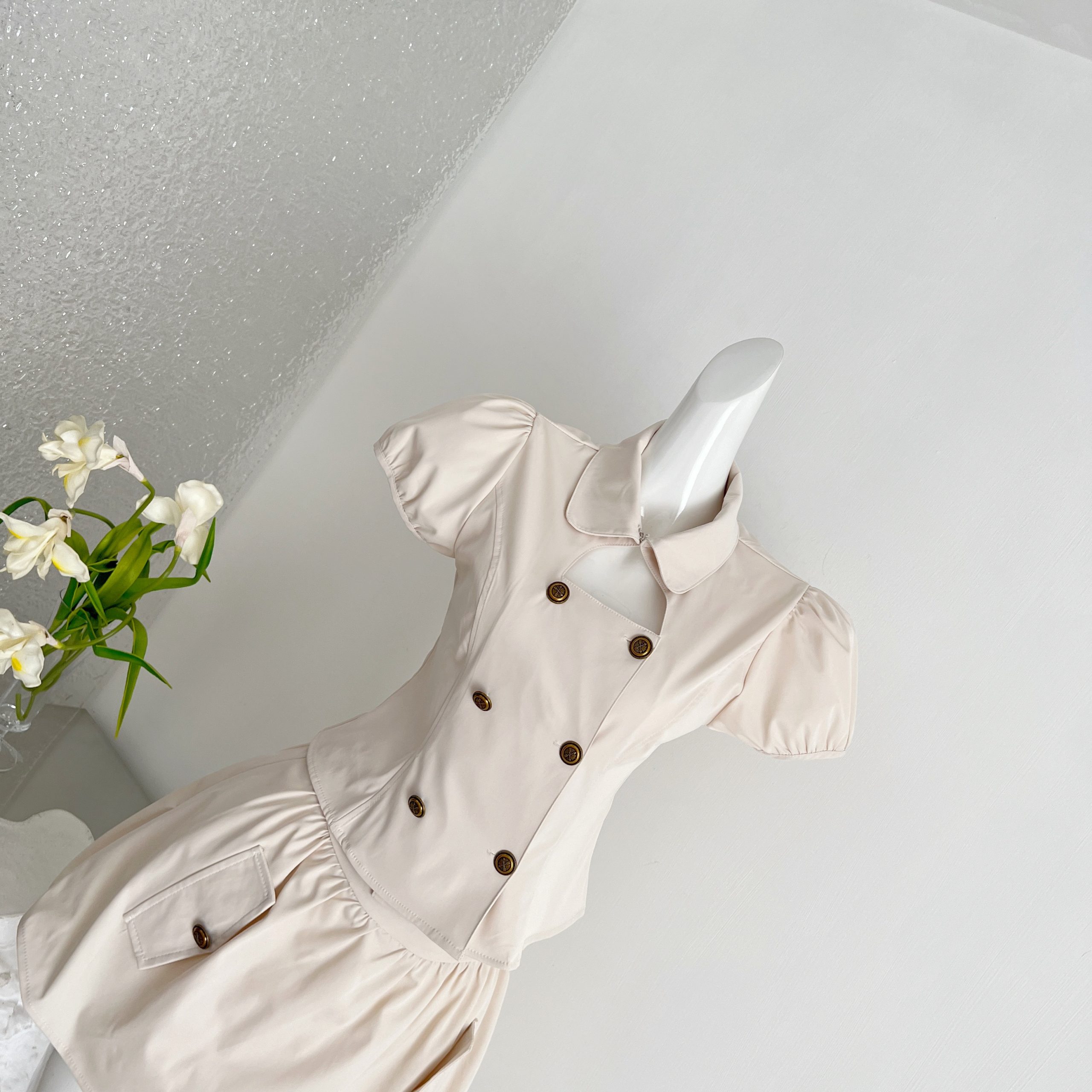1784432561659_nscZFb.jpg Vintage Academy Style Two-Piece Set Doll Collar Hollow Bubble Sleeve Double-Breasted Short Sleeve Shirt Versatile Puffy Short Skirt