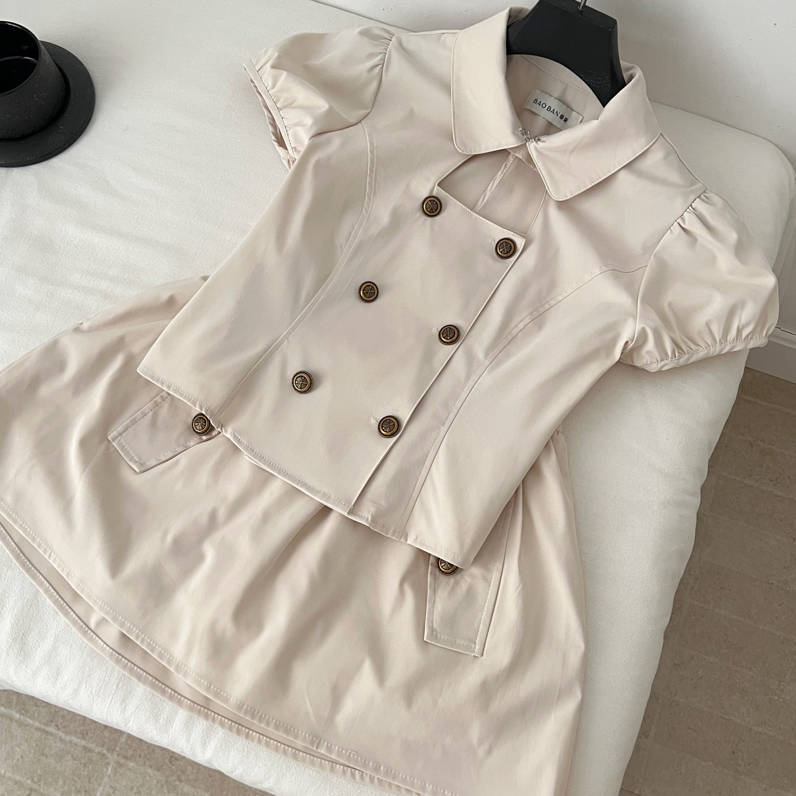 1784432563995_CawAH6.jpg Vintage Academy Style Two-Piece Set Doll Collar Hollow Bubble Sleeve Double-Breasted Short Sleeve Shirt Versatile Puffy Short Skirt