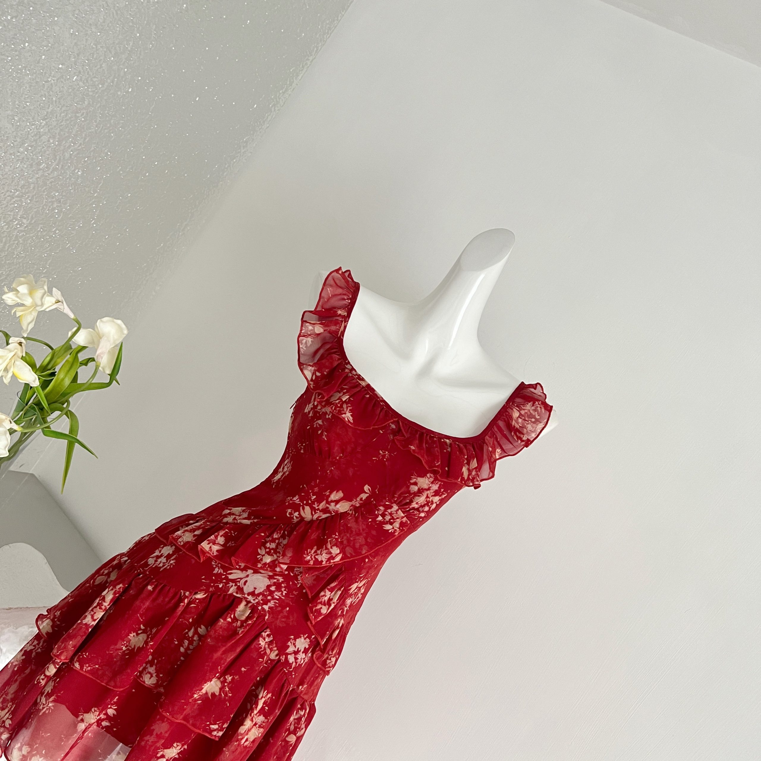 1784621642792_yvMZDz.jpg Xie Bu Rou Floral Ruffled Red Dress Women Summer French Vintage Elegant Fitted A-line Mini Dress