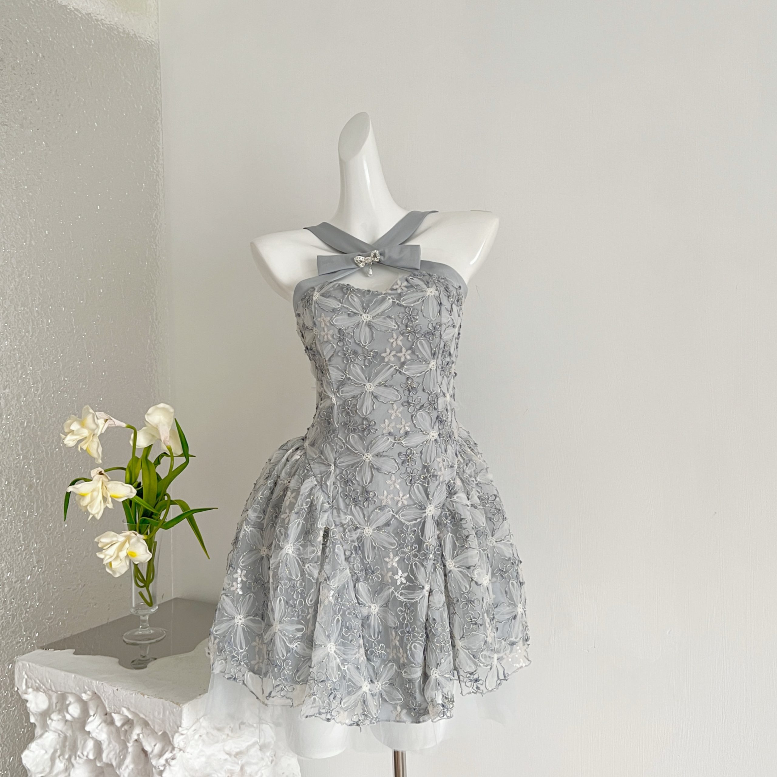 Fuyu Mengsha Qianjin Blue Sequins Bow Mesh Lace 3D Small Flower Dress