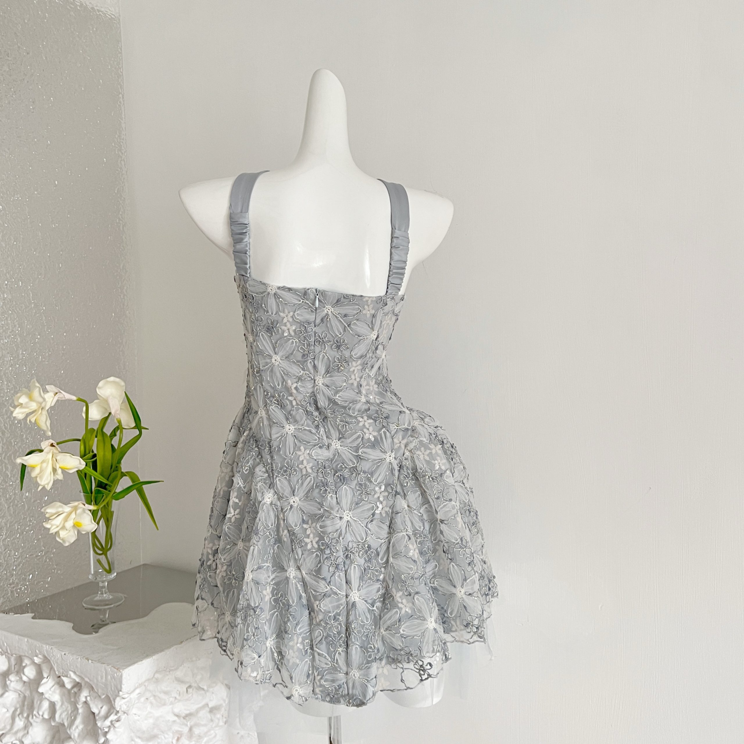 1784623000745_nBVYM7.jpg Fuyu Mengsha Qianjin Blue Sequins Bow Mesh Lace 3D Small Flower Dress