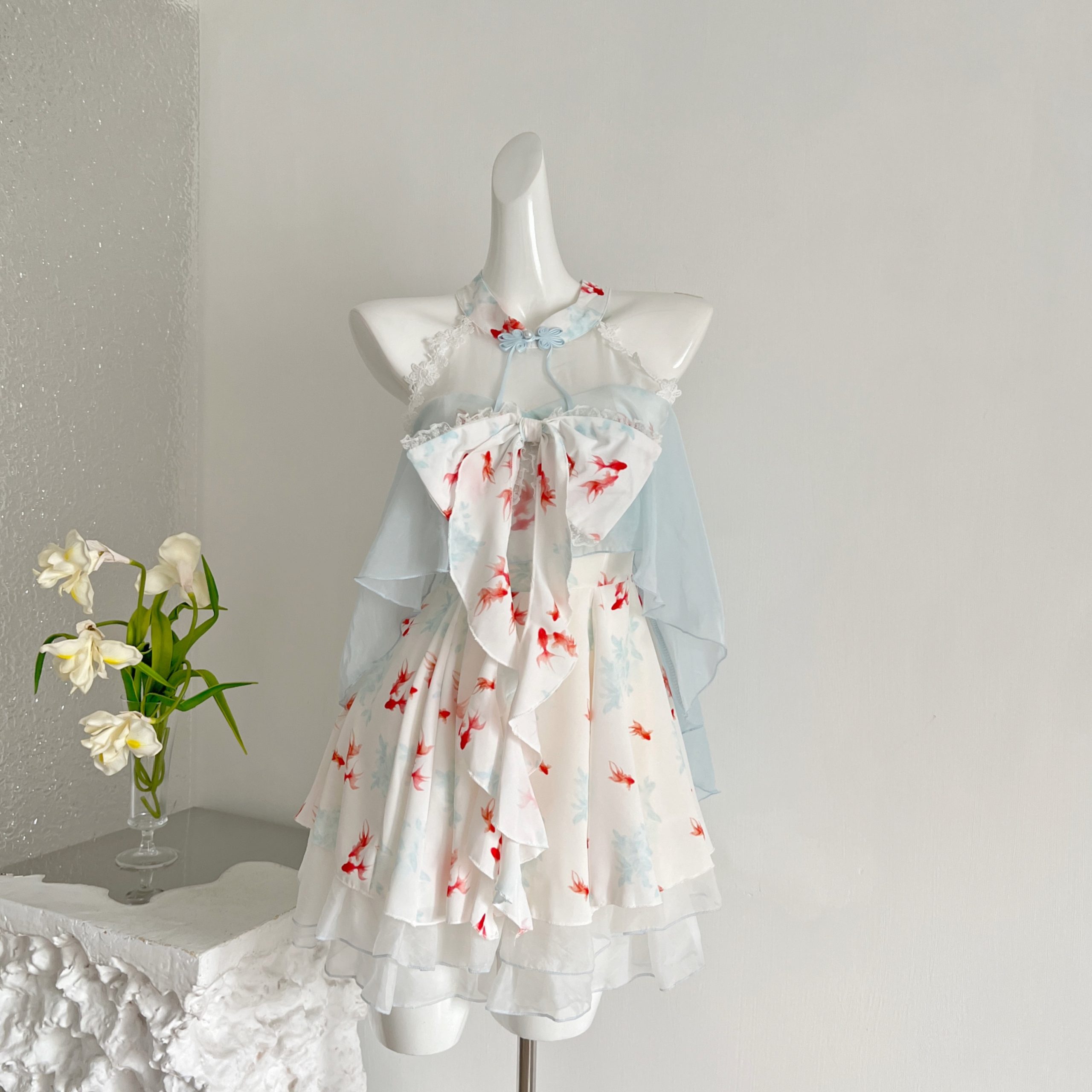 Jiegeng House Goldfish Spruce Sweet Gentle Print Halter Contrast Puffy Dress