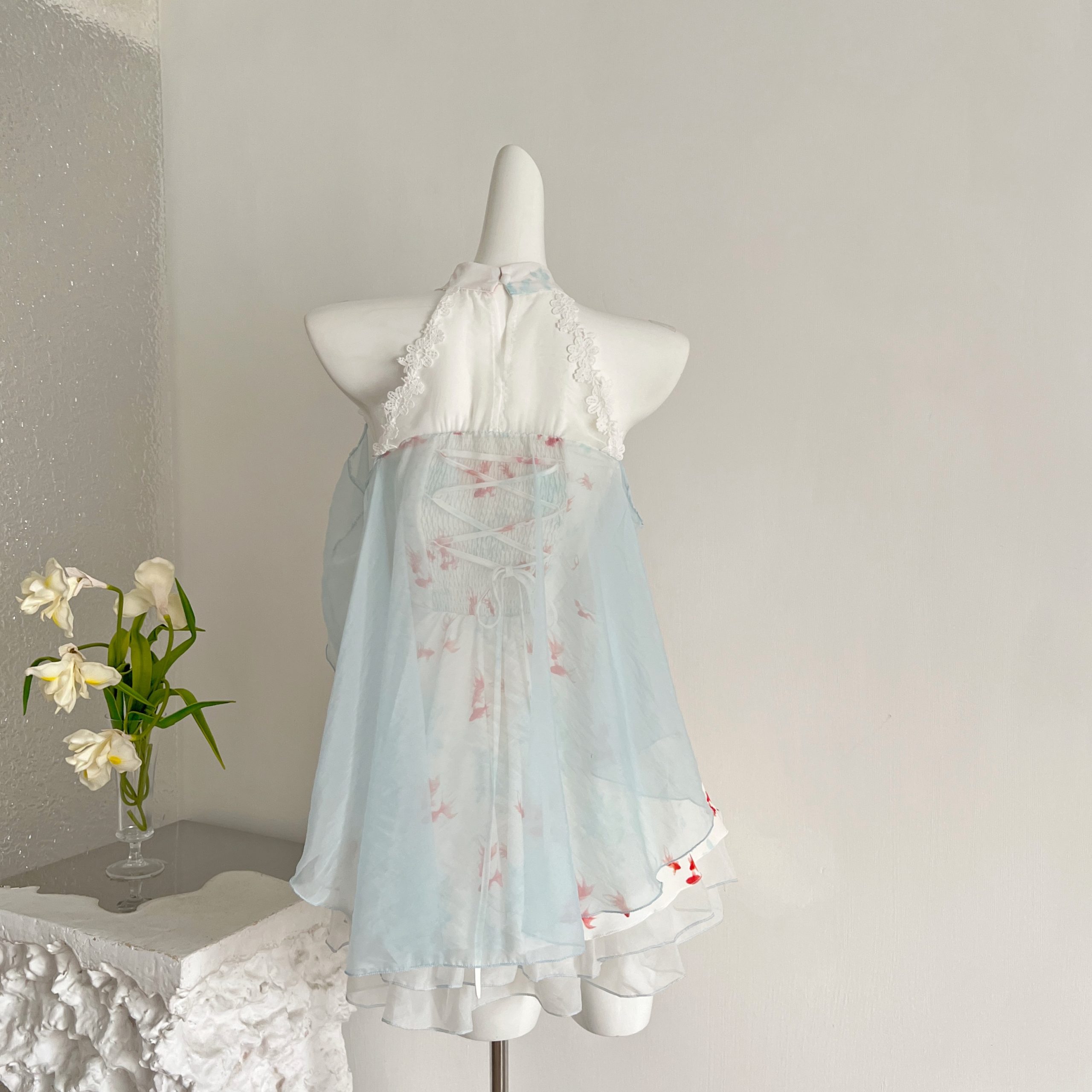 1784623373813_AHnsLQ.jpg Jiegeng House Goldfish Spruce Sweet Gentle Print Halter Contrast Puffy Dress