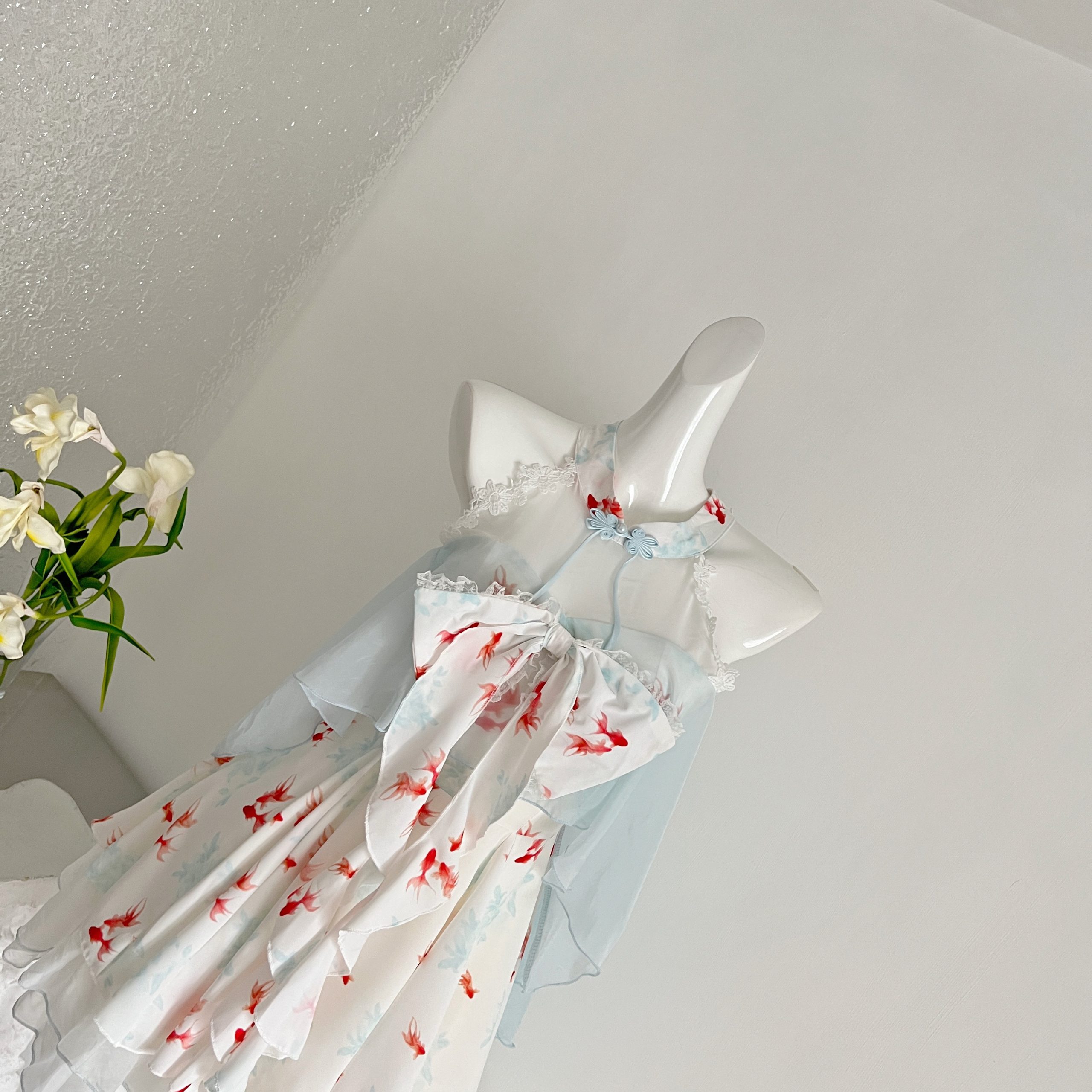 1784623374854_URpDQc.jpg Jiegeng House Goldfish Spruce Sweet Gentle Print Halter Contrast Puffy Dress