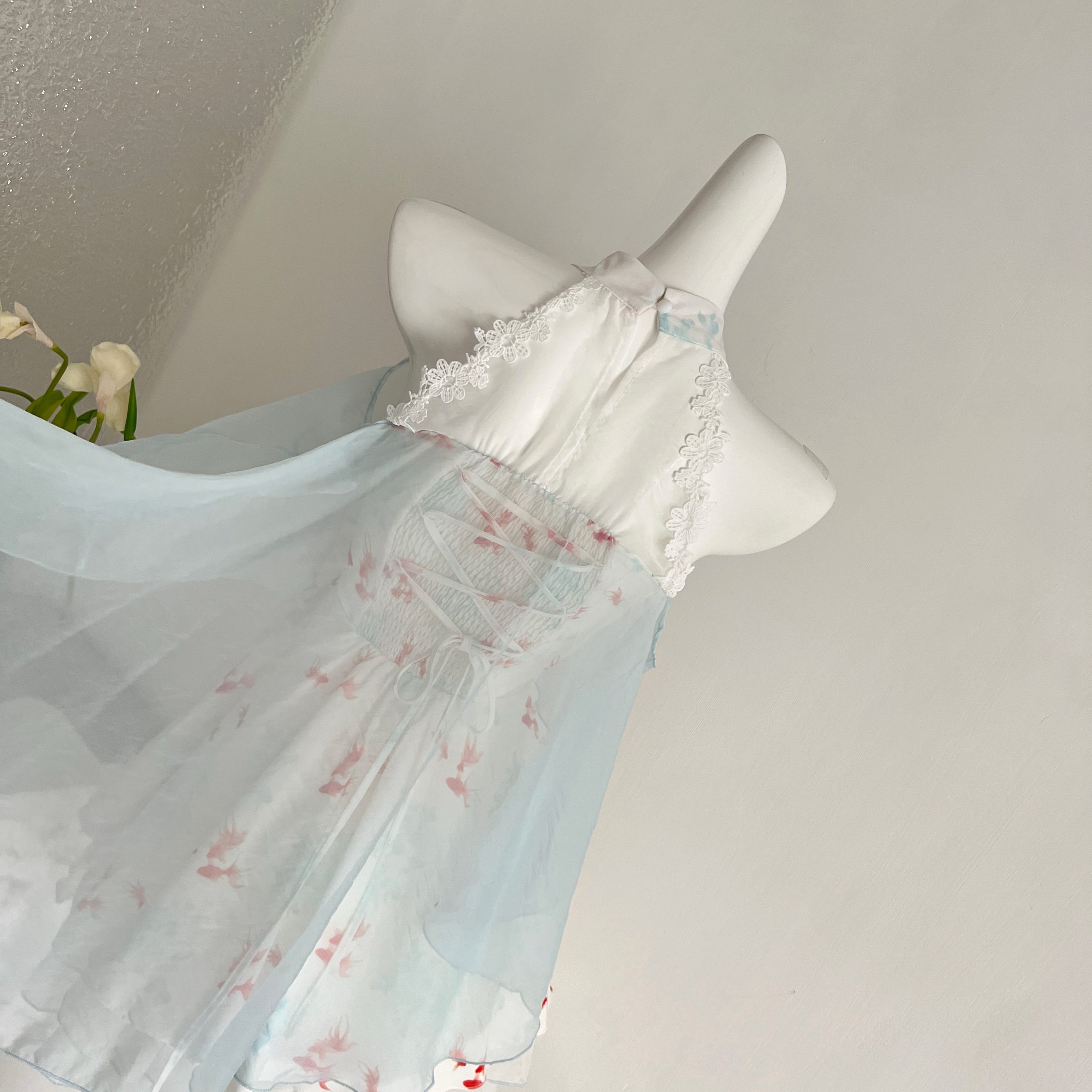 1784623376128_U4nrIF.jpg Jiegeng House Goldfish Spruce Sweet Gentle Print Halter Contrast Puffy Dress