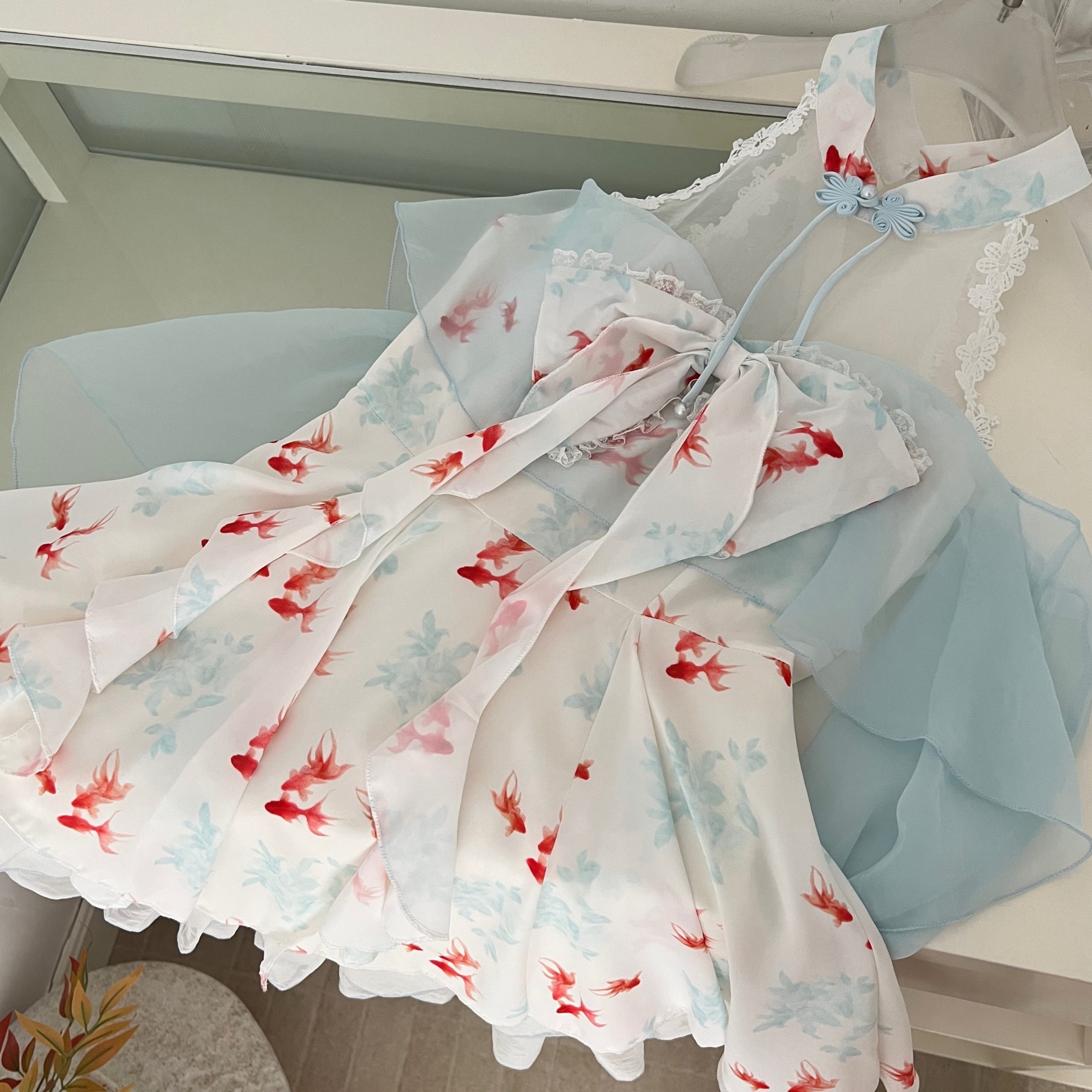 1784623377355_BQ39Mw.jpg Jiegeng House Goldfish Spruce Sweet Gentle Print Halter Contrast Puffy Dress