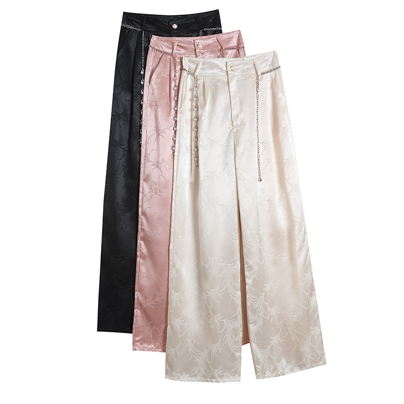 2026 Summer New Chinese Style Satin Jacquard National Trend Ice Silk Sun Protection Narrow Edition Wide Leg Pants Women