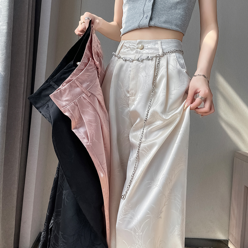 2026 Summer New Chinese Style Satin Jacquard National Trend Ice Silk Sun Protection Narrow Edition Wide Leg Pants Women