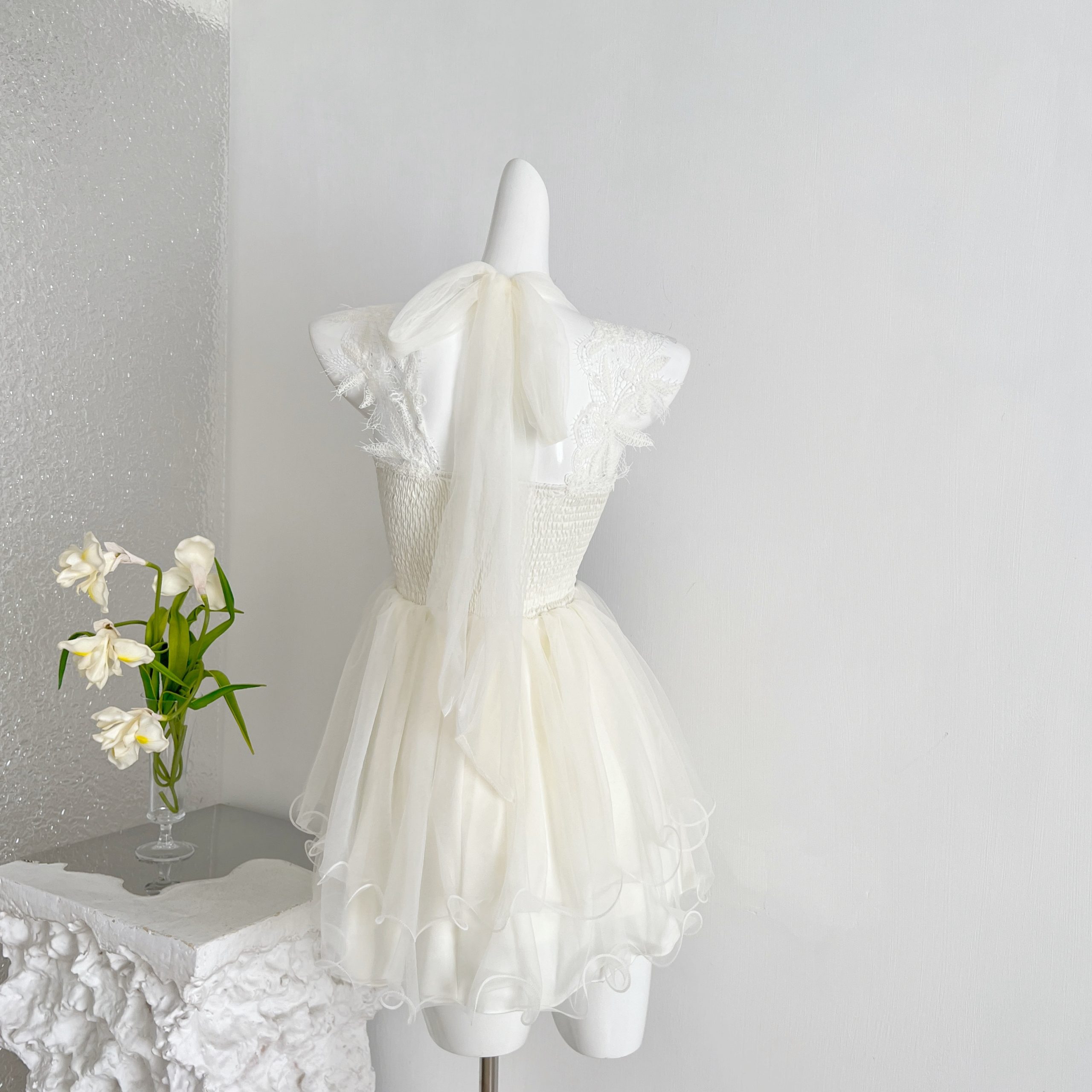 1784717186201_uFBfIN.jpg Linlin Zai Mang Yun Sha Muse Thousand Net Gauze Flower Sequins Butterfly Knot Halter Layered Shirred Dress